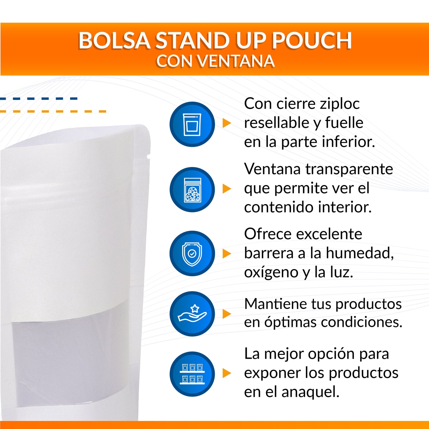 Bolsa Stand Up Pouch Kraft Blanca con Zipper y Ventana 50g